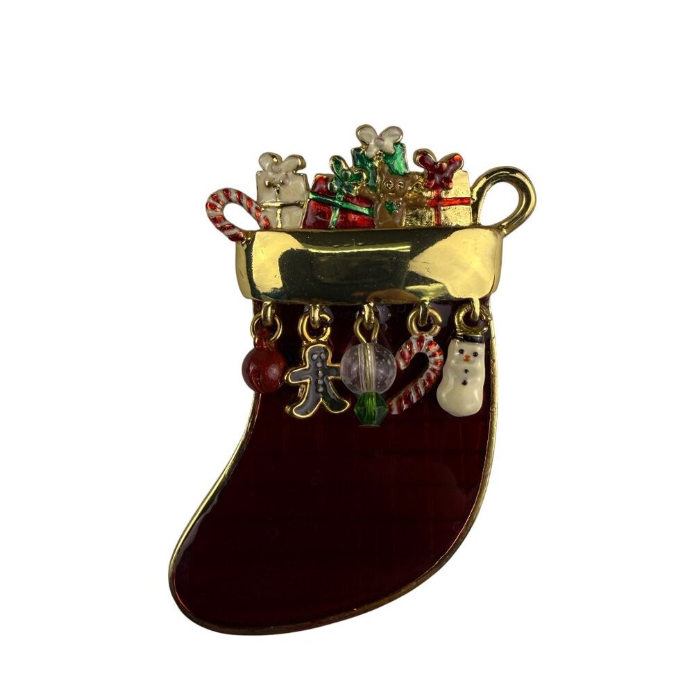 Colorful Stocking Pin Brooch Gold Tone Christmas Holiday Charm Beads Gift